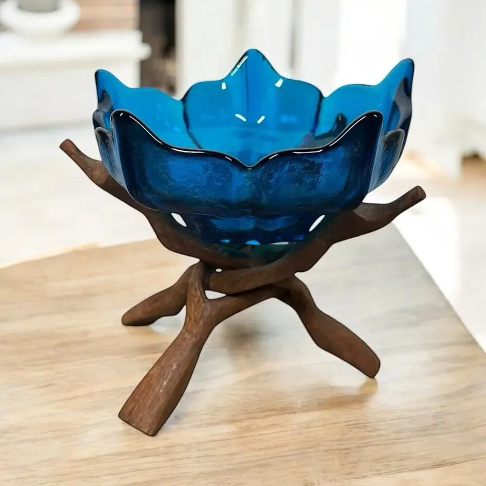 Vintage Blue Glass Lotus Bowl with Carved Wooden Intertwined Tripod Stand India - Picture 1 of 11